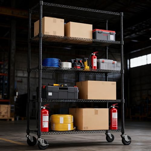 1750LBS 47.2" W 5 Tiers Storage Shelves Metal Shelving Unit with Wheels Heavy Duty Garage Shelving Adjustable Wire Shelves for Pantry (5 tier, 17.7" D x 47.2" W x 76.8" H / Black)