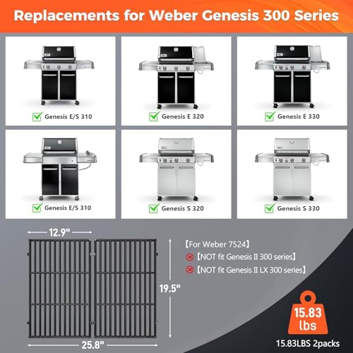 19.5 Inch Porcelain Grill Grates for Weber Genesis 300 Series (19.5"×12.9“, 2 Pack)