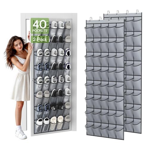 Over the Door Shoe Organizer with 40 Large Breathable Mesh Pockets (Grey / 80 Pockets)