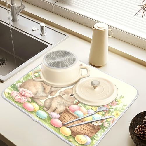 Cute Easter Bunny Rabbit Eggs Dish Drying Mat for Kitchen Counter Absorbent Microfiber Large Drying Pad Dish Mats for Kitchen Countertops 18 x 24 Inch (24" x 18")