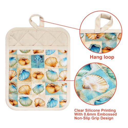 Pot Holders Set of 2 Heat Resistant 480 ℉Non Slip Clear Silicone Printed Comfortable Cotton Lining Kitchen Women Men Cooking Baking Microwave Machine Washable (Shell, Beige Potholders)