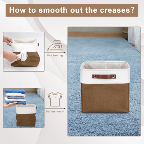 Collapsible Fabric Storage Cubes 11x11 Cube Storage Bins (Brown / Off-White / Cube - 11"x11"x11")