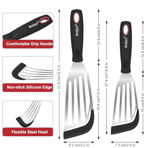 2 Piece Silicone Fish Spatula for Nonstick Cookware (Black)
