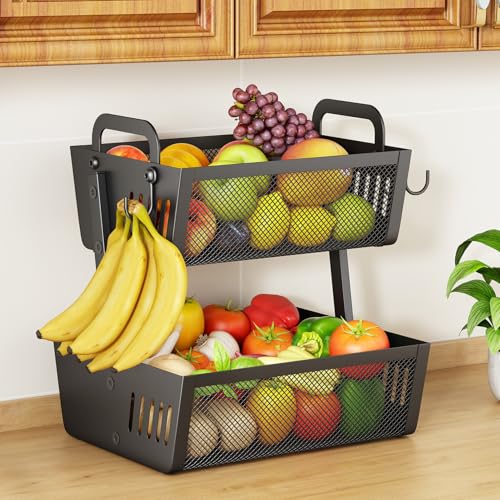 2 Tier Fruit Basket for Kitchen Counter with 2 Banana Hangers