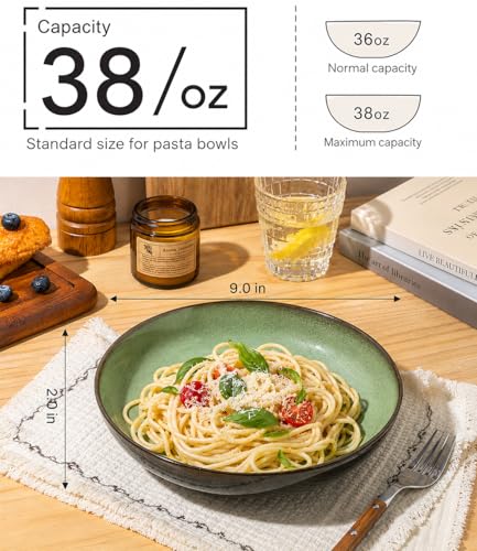 9.0" Ceramic Pasta Bowls Set of 6 (Set of 6 / Light Green)