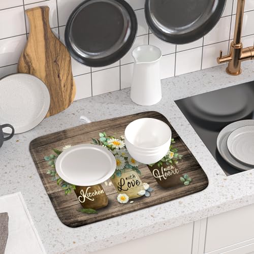 Flower Vase Dish Drying Mats 16x18 Inch Rustic Wood Reversible Microfiber Kitchen Countertop Protector Fast Dry Dish Drainer Rack Pad (flower vase wood / 16" x 18")