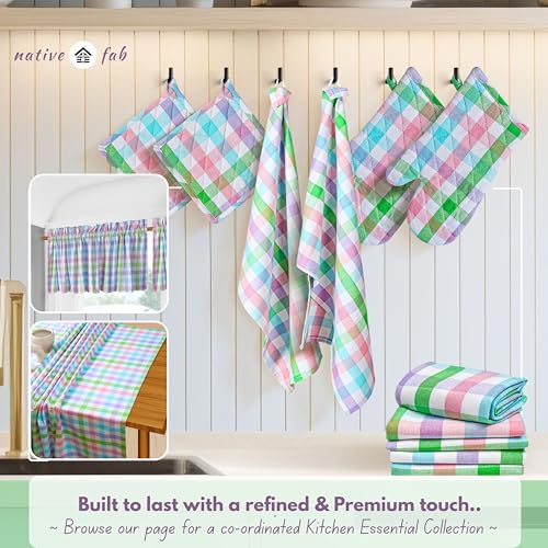 4 Piece Set Gingham Check 2 Oven Mitts & 2 Potholders (Gingham Pastels)