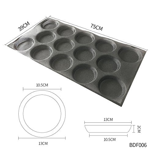 Silicone Hamburger Bread Forms Perforated Silicone Bakery Molds Tartlets Pita Moulds Sheets Food Grade for Industrial Large Size (14 Caves 5" Round Shape For Hamburger)