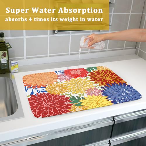 Modern Floral Dish Drying Mat Large Multicolored Tropical Drying Pad for Kitchen Counter (Modern Florals Colorful / 24" x 18")