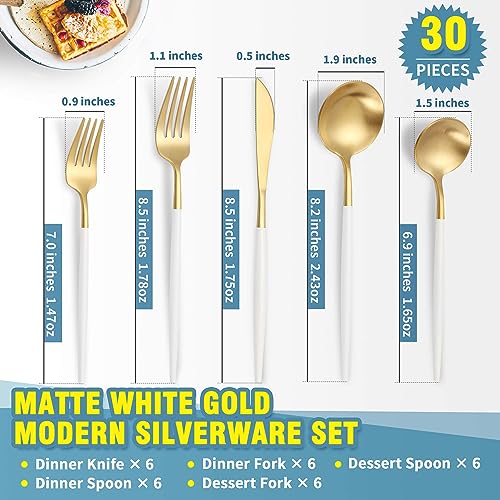 Matte White Gold Silverware Set for 6 (White Gold / 30 Pieces Set)