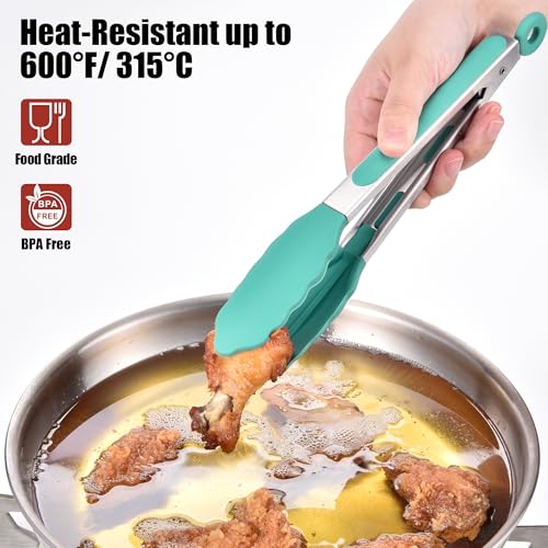 Kitchen Tongs with Silicone Tips for Cooking Serving (9in / Aqua Sky)