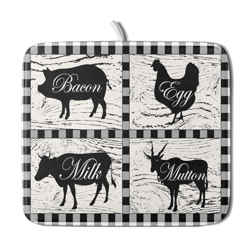 Farmhouse Animal Dish Drying Mat Buffalo Plaid Drainer Rack Mats Fast Dry Absorbent Kitchen Countertop Protector Dishes Pad 16x18 Inch (farmhouse animal / 16" x 18")