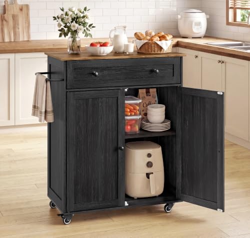 Mobile Kitchen Wooden Island Cart with Storage for Dining Room (Ink Black + Honey Brown / 15.8"D x 30.9"W x 35.1"H)
