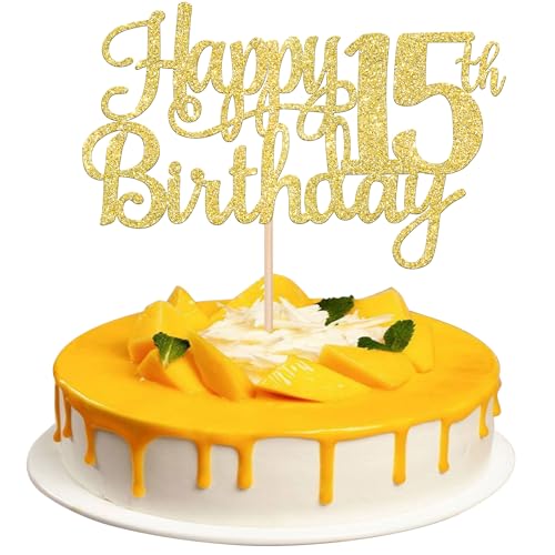 1 PCS Happy 15th Birthday Cake Topper Gold Glitter Cheers to 15 Years Birthday Cake Pick Mis Quince 15 Fabulous Cake Decoration for Happy 15th Birthday Theme Party Decorations Supplies (Gold / 15th)
