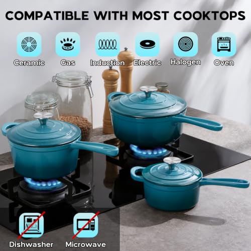 Enameled Cast Iron Sauce Pan (Dark Cyan / 1+2+3 Quarts)