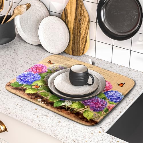 Vintage Hydrangea Dish Drying Mat Watercolor Floral Microfiber Absorbent Dish Drying Pad for Kitchen Counter Small (Vintage Hydrangea Brown / 18" x 16")