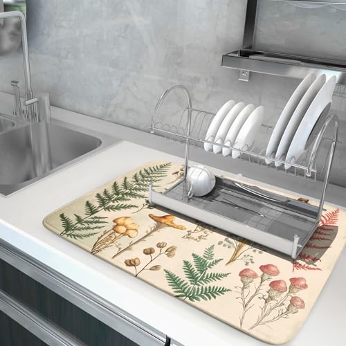 Ferns Mushrooms Dish Drying Mats Woodland Forest Microfiber Drying Pad Reversible Drainer Mats 18 X 24 Inch (Ferns Mushrooms 1101 / 24" x 18")