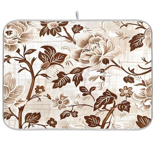 Brown Beige Floral Leaves Dish Drying Mat for Kitchen Counter Absorbent Microfiber Drying Pad (18" x 24")
