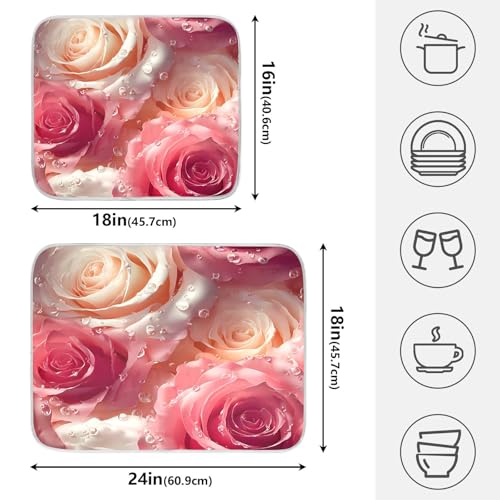 3d Pink White Roses Dish Drying Mat for Kitchen Counter Absorbent Microfiber Large Drying Pad Dish mats for Kitchen Countertops 18 x 24 Inch (Pink White Roses / 24" x 18")