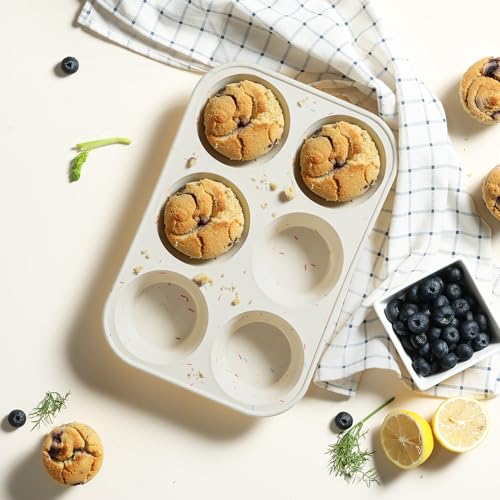 2 Pack 6 Cups Silicone Mini Muffin Pan with Metal Reinforced Frame Silicone Molds Cupcake Cake Baking Pans Cookie Baking Chocoflan Cupcake Mold Cake Molds Kitchen Baking Mom Gift Home Essentials (2pc: 6-Cup Jumbo / Cream)