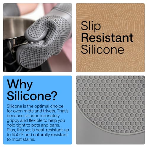 BPA Free Silicone Oven Mitts and Pot Holders Set (Gray / 12.5" Oven Mitts + 7" Trivets)