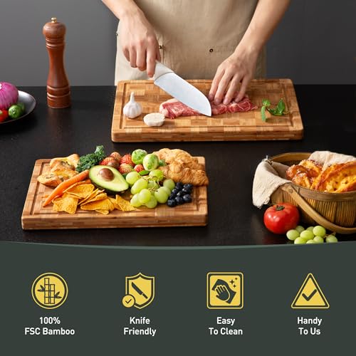 2 Pack Wooden Cutting Boards for Kitchen Bamboo Chopping Boards Non Toxic (Multiple Sizes (Set of 2))