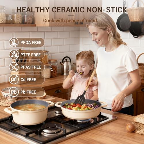 8 Piece Non Stick Stock Pot with Lid (Cream White)