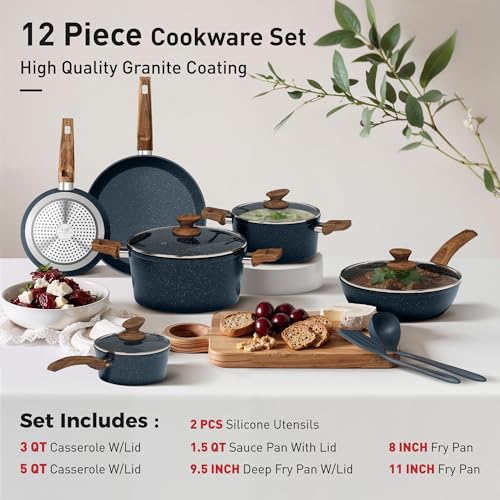12 Piece Kitchen Pots and Pans Set (Blue / 12 Pcs Cookware Set)