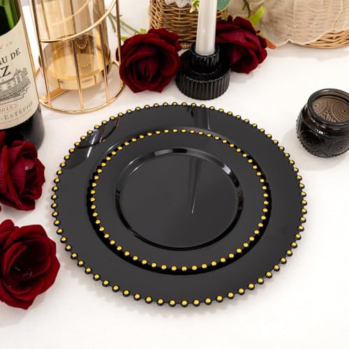 100pcs Black Plastic Plates with Gold Beads for Wedding Party (Black and Gold Plastic Plates / 100PCS)