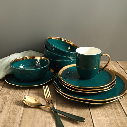 Florian Modern Porcelain 16 Piece Dinnerware Set (16-Pieces Service for 4 / Green with Gold Rim)