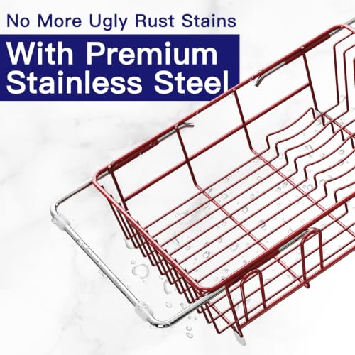 Red Expandable Dish Drying Rack Over Sink with Extra Drainboard (Red / For 11.5"-16" W Sink with Cup Holder & Drainboard)