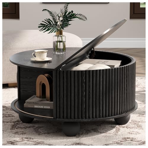 Round Coffee Table with Storage for Living Room (Black)