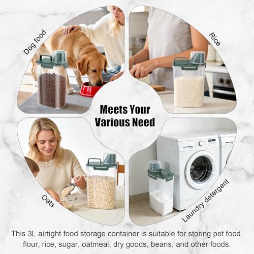 3-5Lbs/3Qt Dog Cat Food Storage Container With Foldable Bowl, Plastic Pet Food Dispenser for Small Animal Kibble/Pet Food/Bird Seed/Oatmeal/Rice/Flour/Brown Sugart/Cereals (Dark Green) (Dark Green / 3L-1pack)