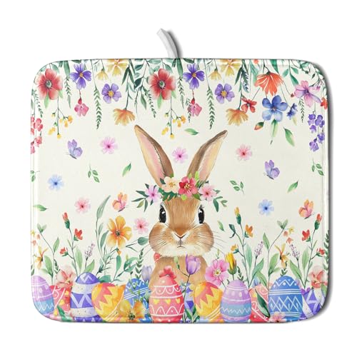 Easter Rabbit Dish Drying Mat Spring Flower Dish Drainer Rack Mats 16x18 inch Absorbent Microfiber Fast Dry Pad Kitchen Counter Accessories (Easter Rabbit Floral / 16" x 18")