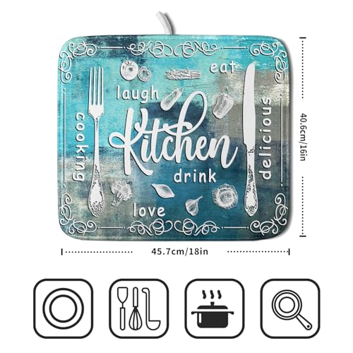 Blue Grey Dish Drying Mat 16x18 Inch Cooking Delicious Absorbent Drying Pad Heat Resistant Dish Drainer Mats for Kitchen Countertop (Blue Kitchen Cooking / 16" x 18")