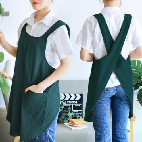 Japanese Cotton Cross Back Kitchen Cooking Aprons for Women with Pockets Cute for Baking Painting Gardening Cleaning Dark Green (07 - Women's Dark Green)