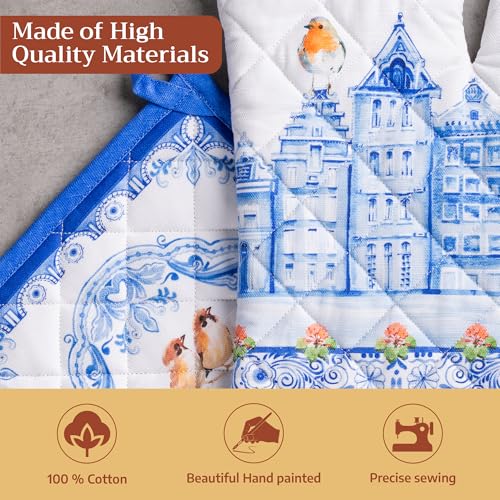 100% Cotton Oven Mitt & Pot Holder Set (008 - Amsterdam Canals / 7.5" x 13" & 8" x 8" (Oven Mitt & Pot Holder))