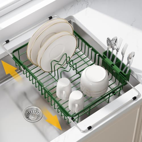 Green Dish Drying Rack Over the Sink with Utensil Holder (Green / For 12.5"-30"w Sink, Expandable)