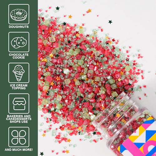 Christmas Red Sanding Sugar Edible Gold Glitter Stars Mix Sugar Sprinkles for Cake Decorating Sparkling Sanding Sugar for Cupcake Toppers Cookie Decorations Wedding Party Celebrations 3.5oz (Christmas)