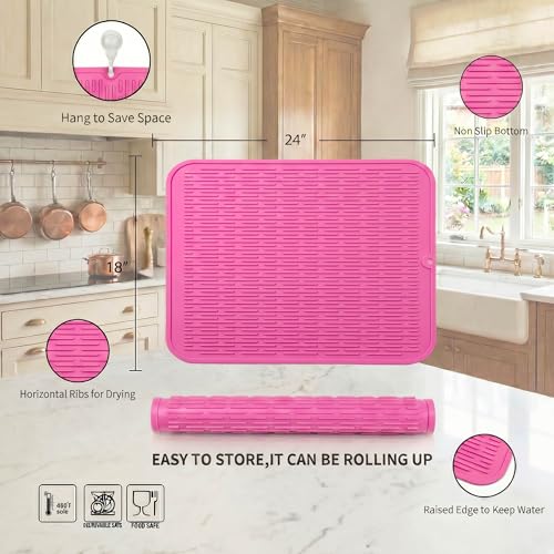 Silicone Dish Drying Mat for Multiple Usage (Rose / 24"L x 18"W)