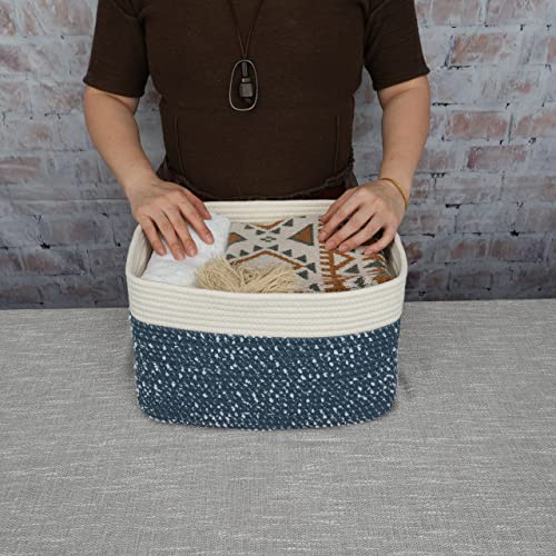 Woven Cotton Rope Storage Baskets 15x10x9.3" 3 Pack White and Blue (blue and white)