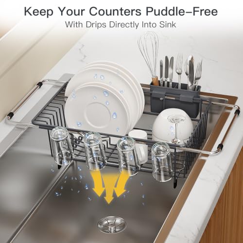 Grey Expandable Dish Drying Rack Over Sink with Anti (Gray / For 11.5"-16" W Sink with Cup Holder)