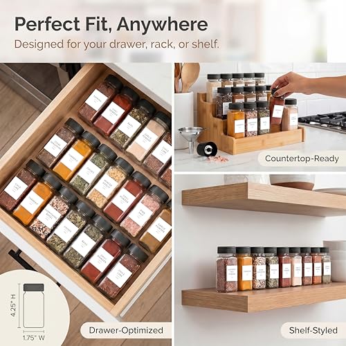 Glass Spice Jars with Label 24 PK (Square Spice Jars with Black Lids)