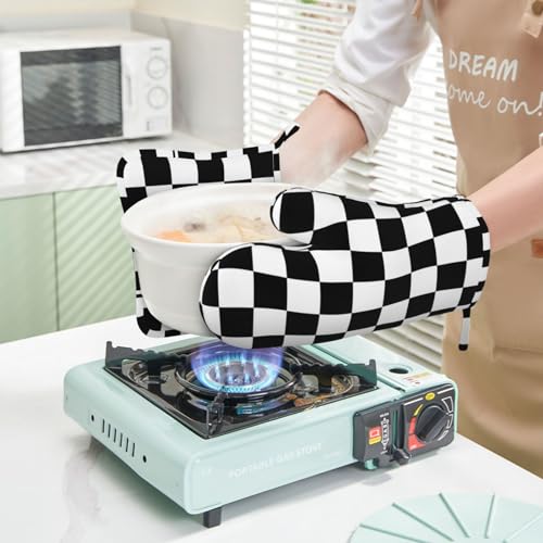 Black White Check Plaid Oven Mitts and Pot Holders Sets Silicone Black and White Checkered Plaid Kitchen Mitts Potholders Heat Resistant 4Pcs Oven Gloves Hot Pads for Cooking Grilling (Black White Buffalo Plaid)