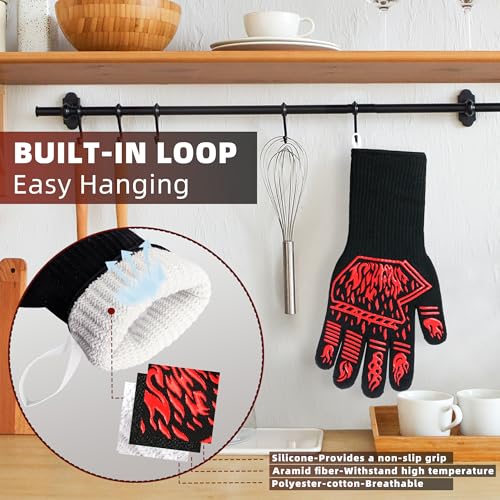 BBQ Gloves 1472F Heat Resistant Anti Slip Long with 2 Hooks (2 Count)