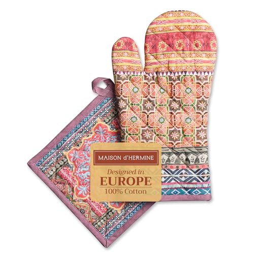 100% Cotton Oven Mitt & Pot Holder Set (075 - Ispahan / 7.5" x 13" & 8" x 8" (Oven Mitt & Pot Holder))