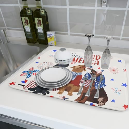 4th of July Patriotic Dogs Dish Drying Mat American Independence Day Dish Dry Pad 18"x24" Absorbent Dishes Drainer Mat for Kitchen Counter (Patriotic Dogs / 18" x 24")