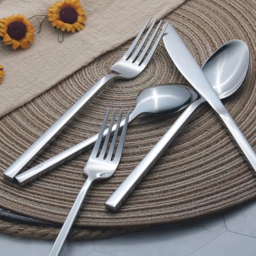 Cube 65 Piece Forged Stainless Steel Flatware Set Cutlery Set with Utensil (Silver / 65 pieces for 12)