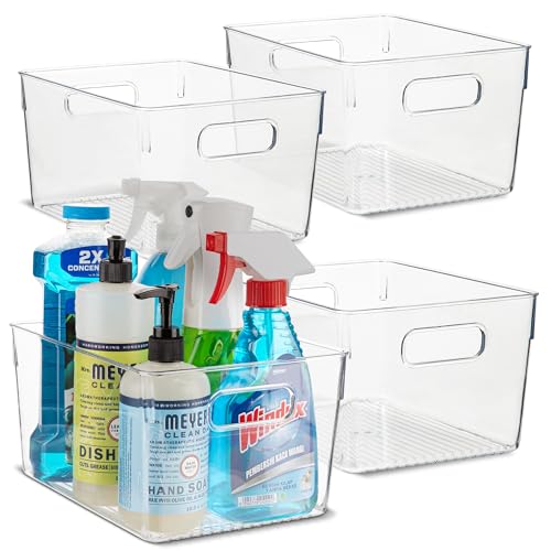 Plastic Food Storage 4 Pack Clear Container Bin with Handles for Organizing Kitchen