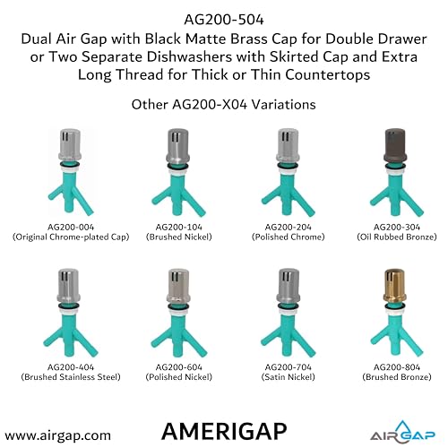 Dual Air Gap with Black Matte Brass Cap for Double Drawer or Two Separate Dishwashers with Skirted Cap and Extra Long Thread for Thick or Thin Countertops (AG200-504)